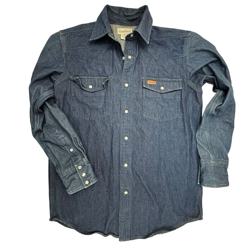 Carhartt S141 DMB Snap Front Denim Work Shirt Men Size Medium Blue Long Sleeve